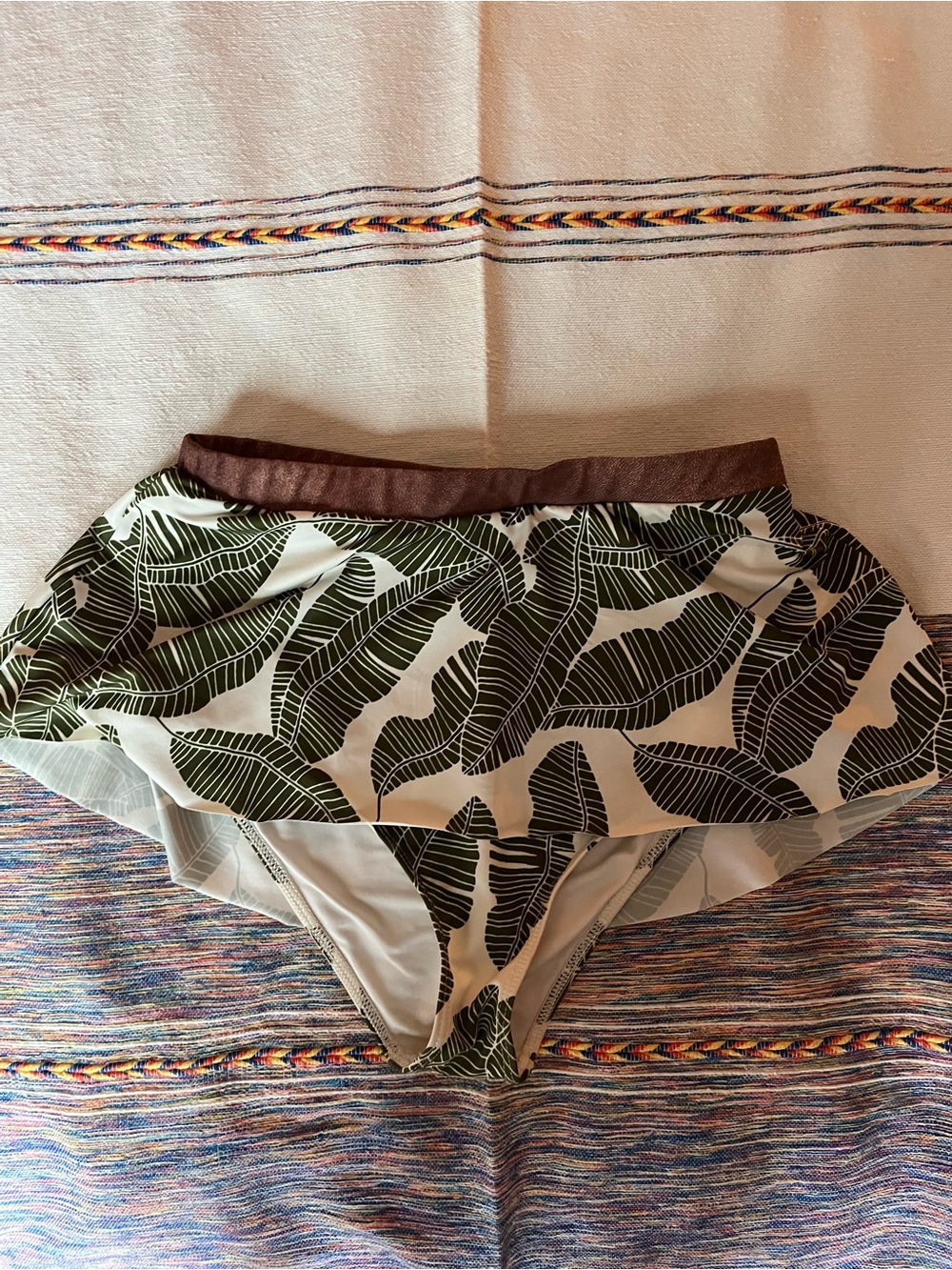 Seea Leaf Patterned Swim Bottom with Playful built in skirt & Brown Trim - Sz Sm